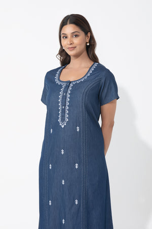 Solid Denim Nighty with Embroidered Yoke