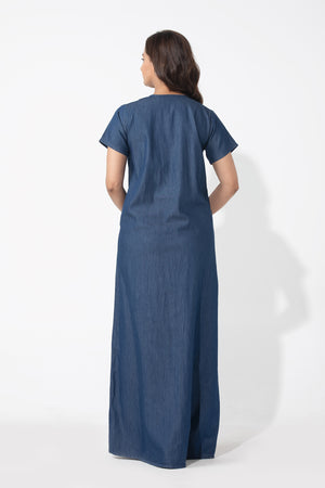 Solid Denim Nighty with Embroidered Yoke