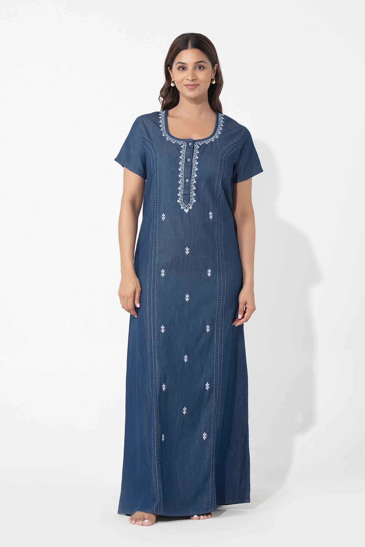 Buy Solid Denim Nighty with Embroidered Yoke | Maybell Nightwear Maybell Womens Fashion Buy Solid Denim Nighty with Embroidered Yoke | Maybell Nightwear Maybell Womens Fashion