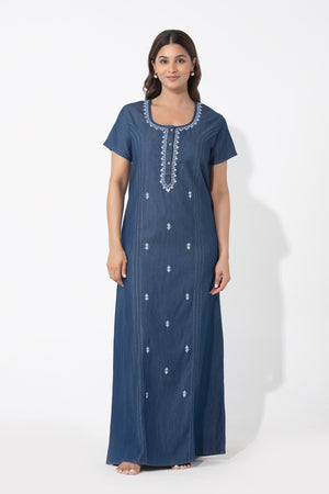 Solid Denim Nighty with Embroidered Yoke