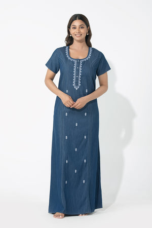 Solid Denim Nighty with Embroidered Yoke