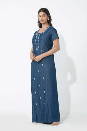 Solid Denim Nighty with Embroidered Yoke