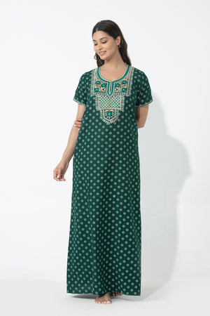 Line Printed Polka Dots Green Embroiderd Nighty