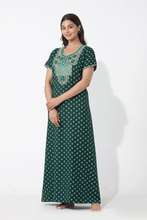 Line Printed Polka Dots Green Embroiderd Nighty