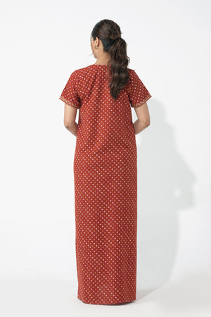 Bandhani Printed & Embroidered Rust Nighty