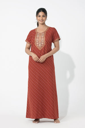 Bandhani Printed & Embroidered Rust Nighty