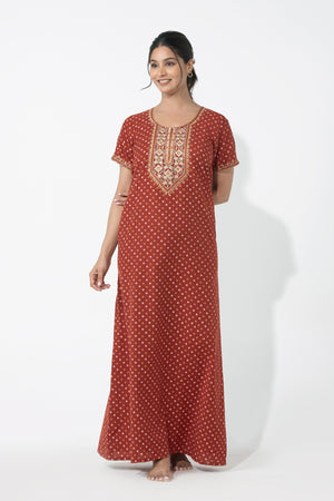 Bandhani Printed & Embroidered Rust Nighty