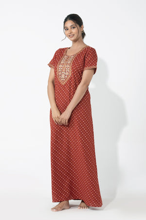 Bandhani Printed & Embroidered Rust Nighty
