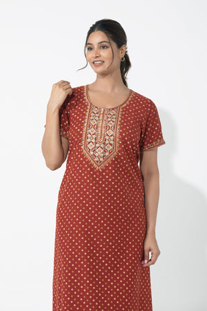Bandhani Printed & Embroidered Rust Nighty