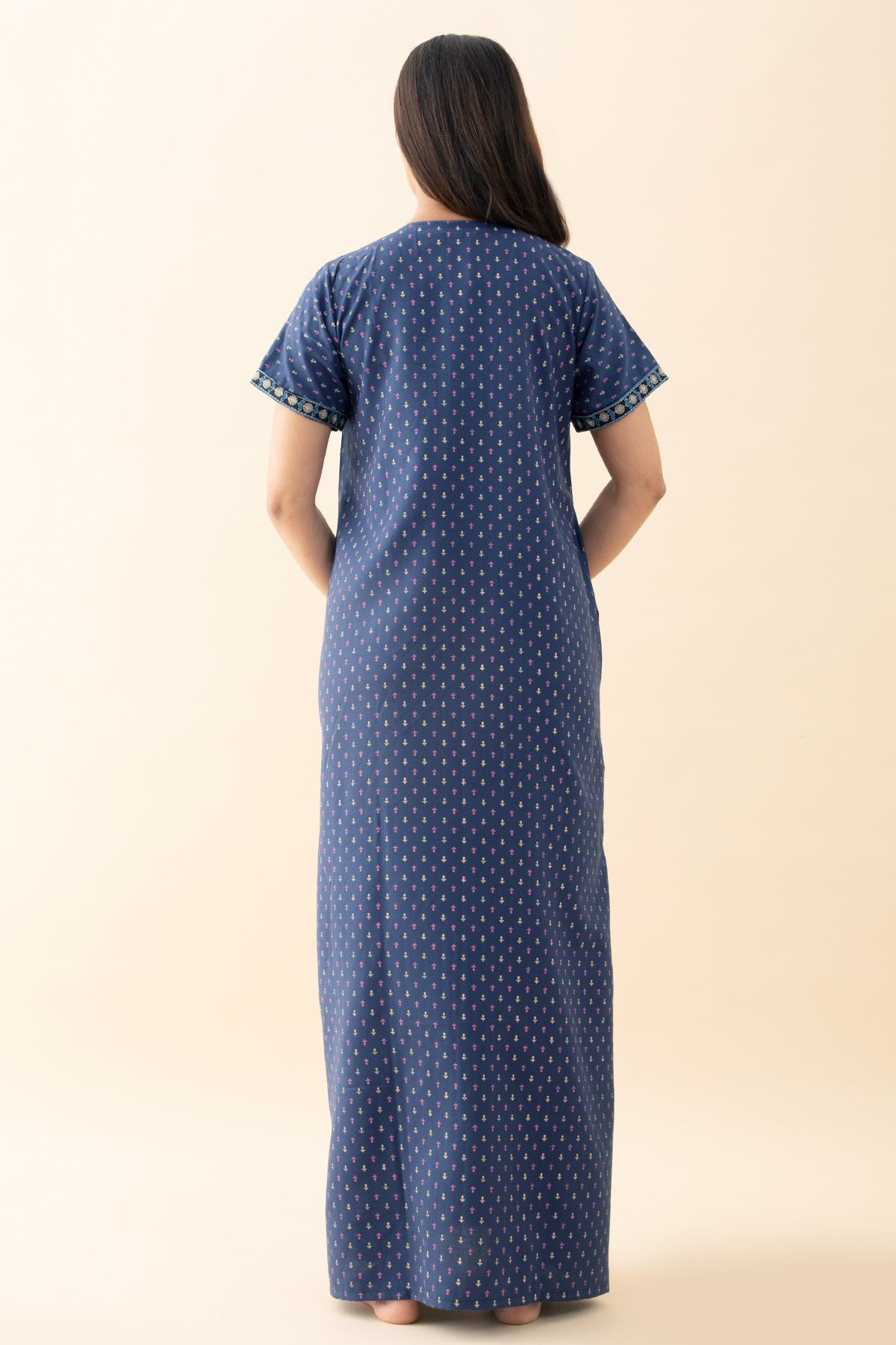 Ditsy Printed & Embroidered Nighty - Blue