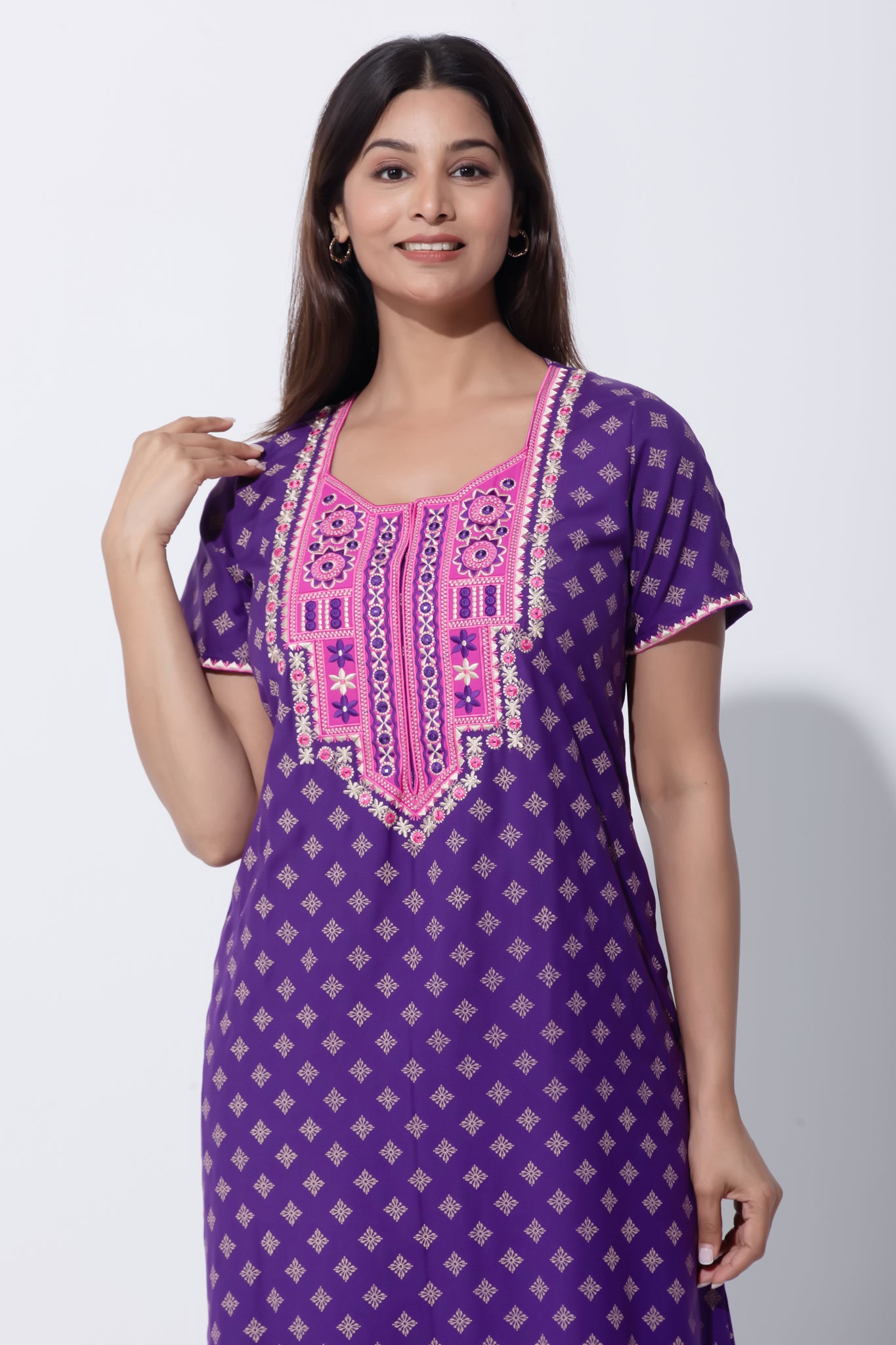 Purple Monochrome Printed Nighty with Embroidered Yoke & Foil Mirror