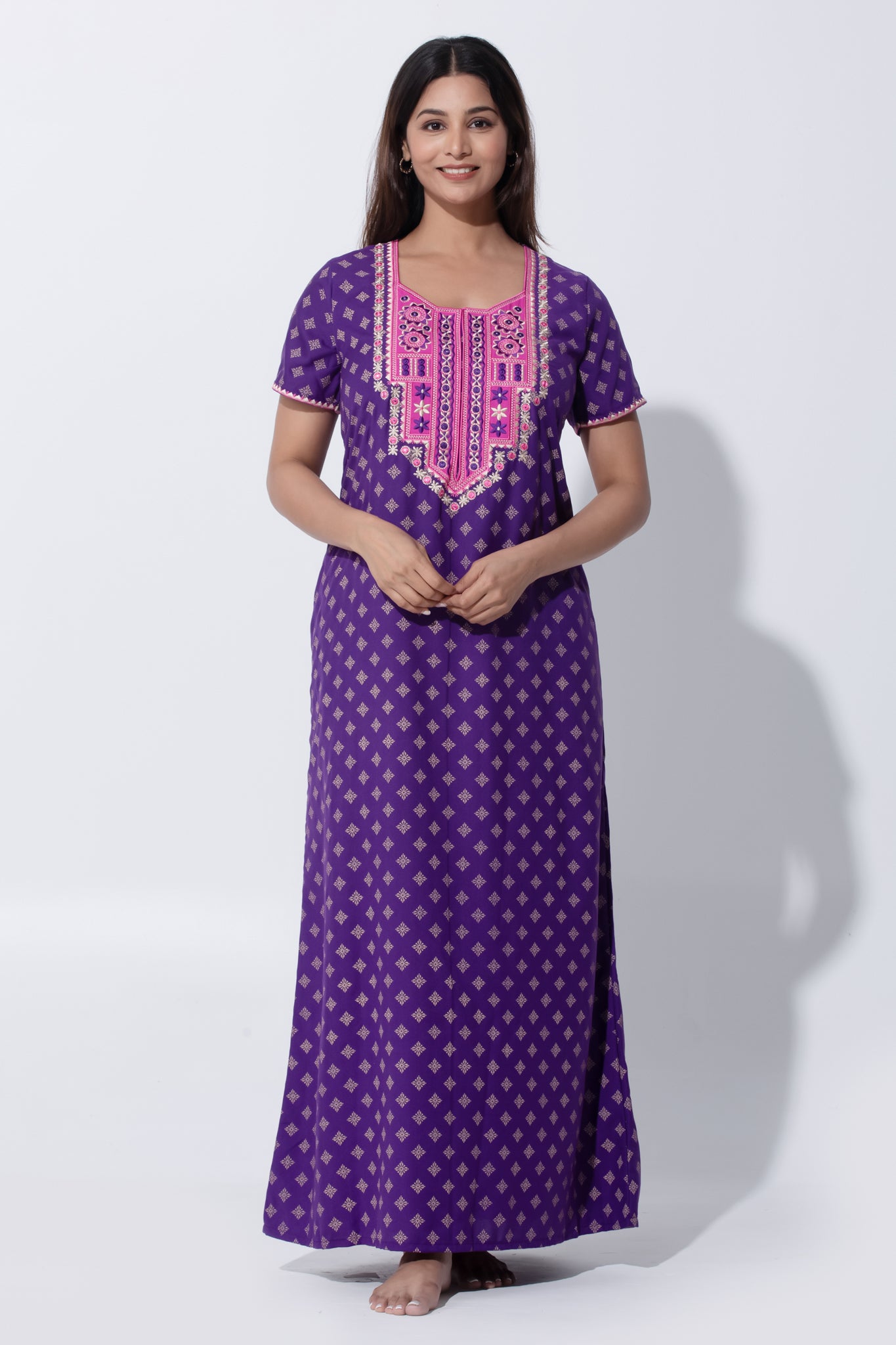 Purple Monochrome Printed Nighty with Embroidered Yoke & Foil Mirror