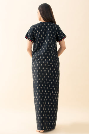 Contrast Floral Printed & Embroidered Nighty - Black
