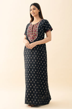 Contrast Floral Printed & Embroidered Nighty - Black