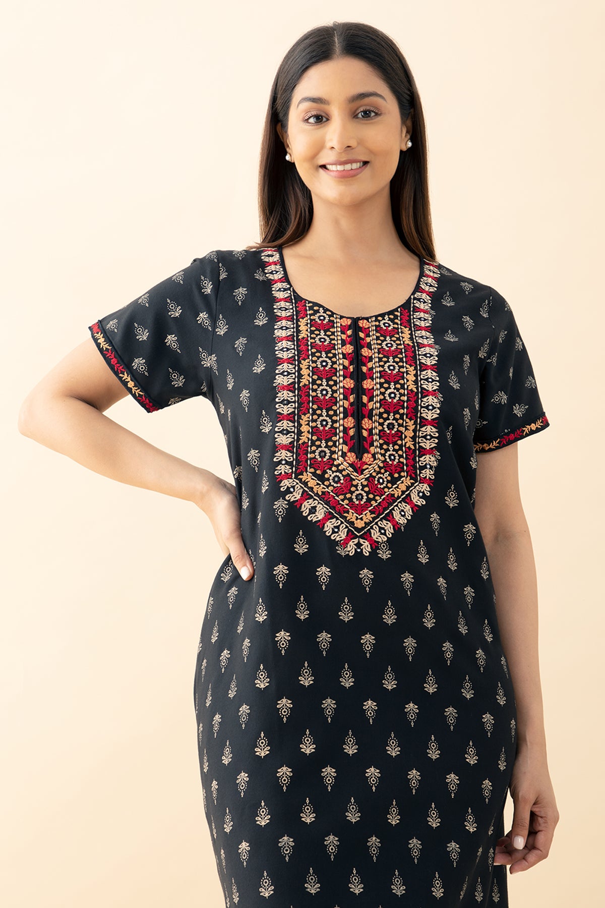Contrast Floral Printed & Embroidered Nighty - Black