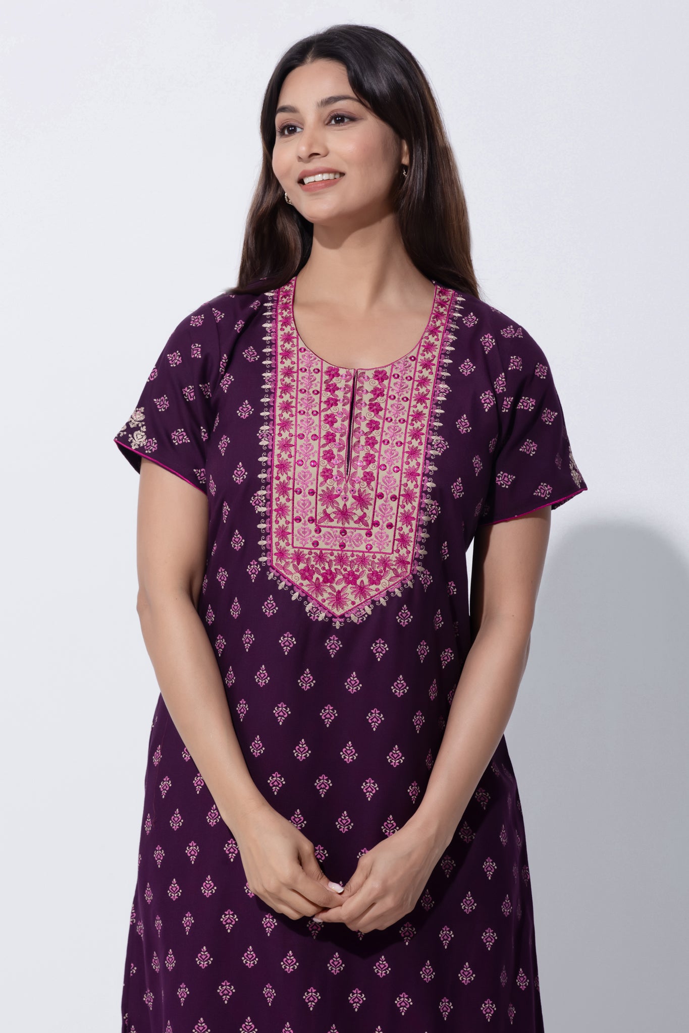Wine Monochrome Motif Printed Nightwear with Embroidered Yoke