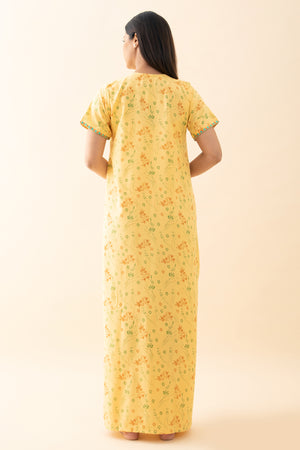 Gardenia Floral Printed & Embroidered Nighty - Yellow