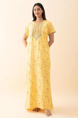 Gardenia Floral Printed & Embroidered Nighty - Yellow