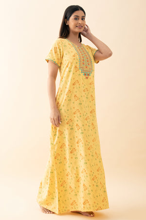 Gardenia Floral Printed & Embroidered Nighty - Yellow
