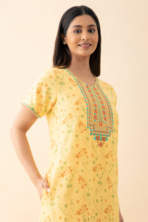Gardenia Floral Printed & Embroidered Nighty - Yellow