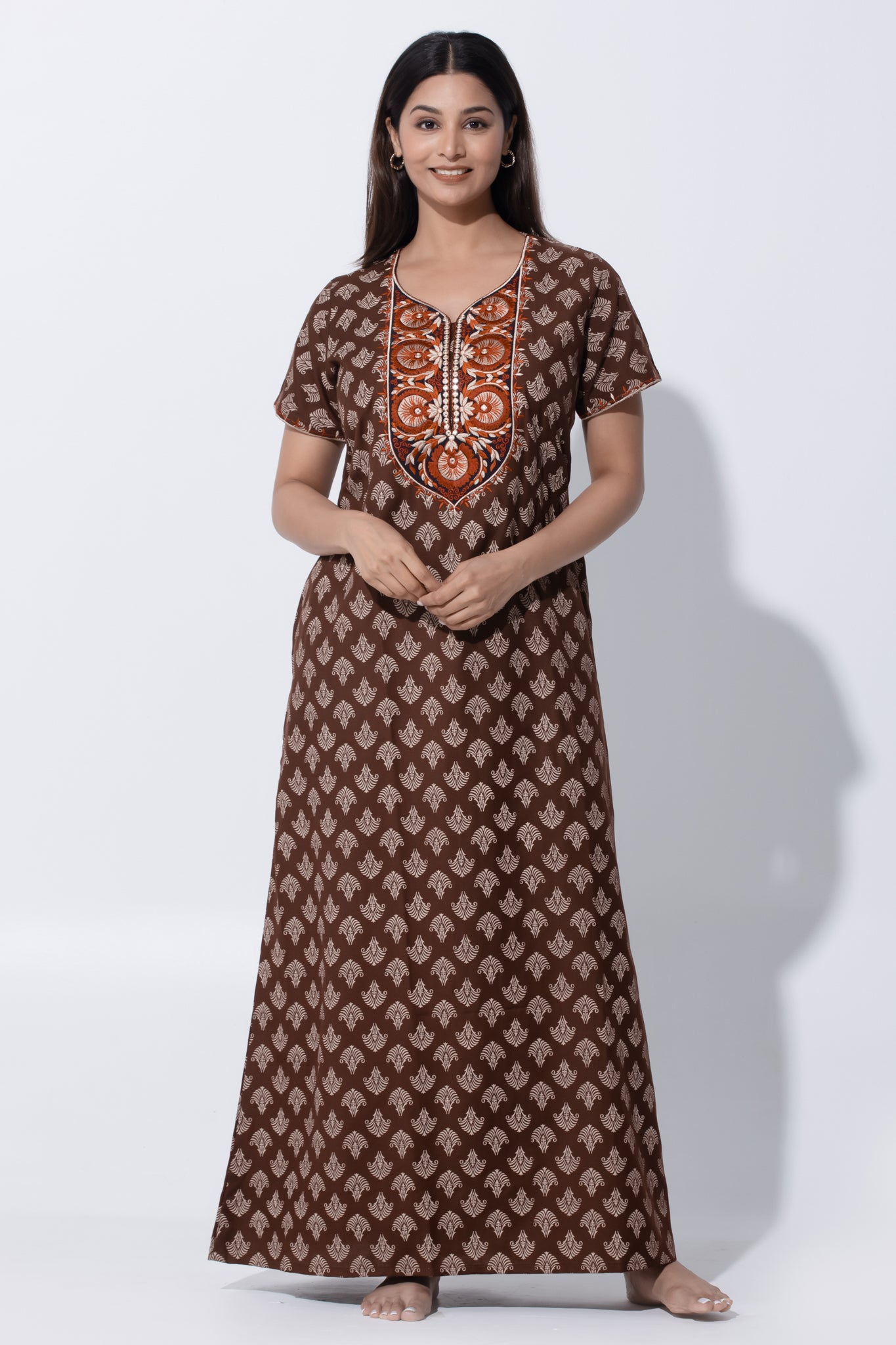 Brown Monochrome Motif Printed Nightwear with Embroidered Yoke