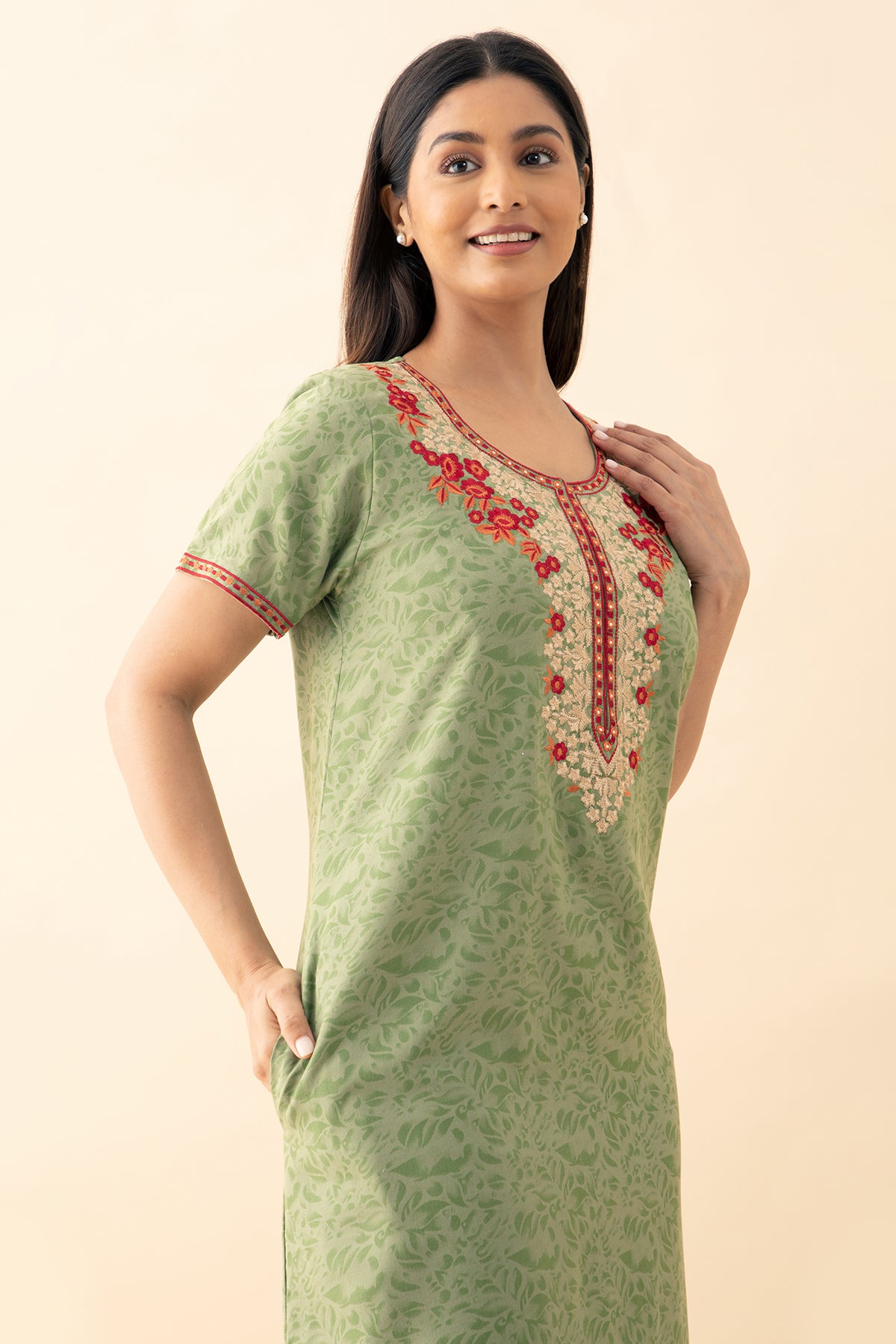 Contrast Floral Printed Nighty with Foil Mirror Embellishment- Green