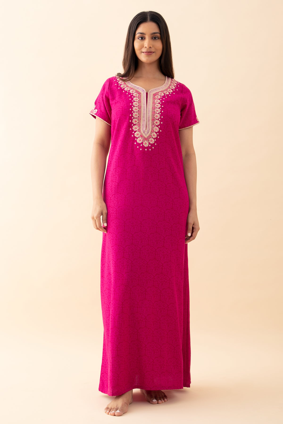 Monochrome Printed & Embroidered Nighty - Magenta