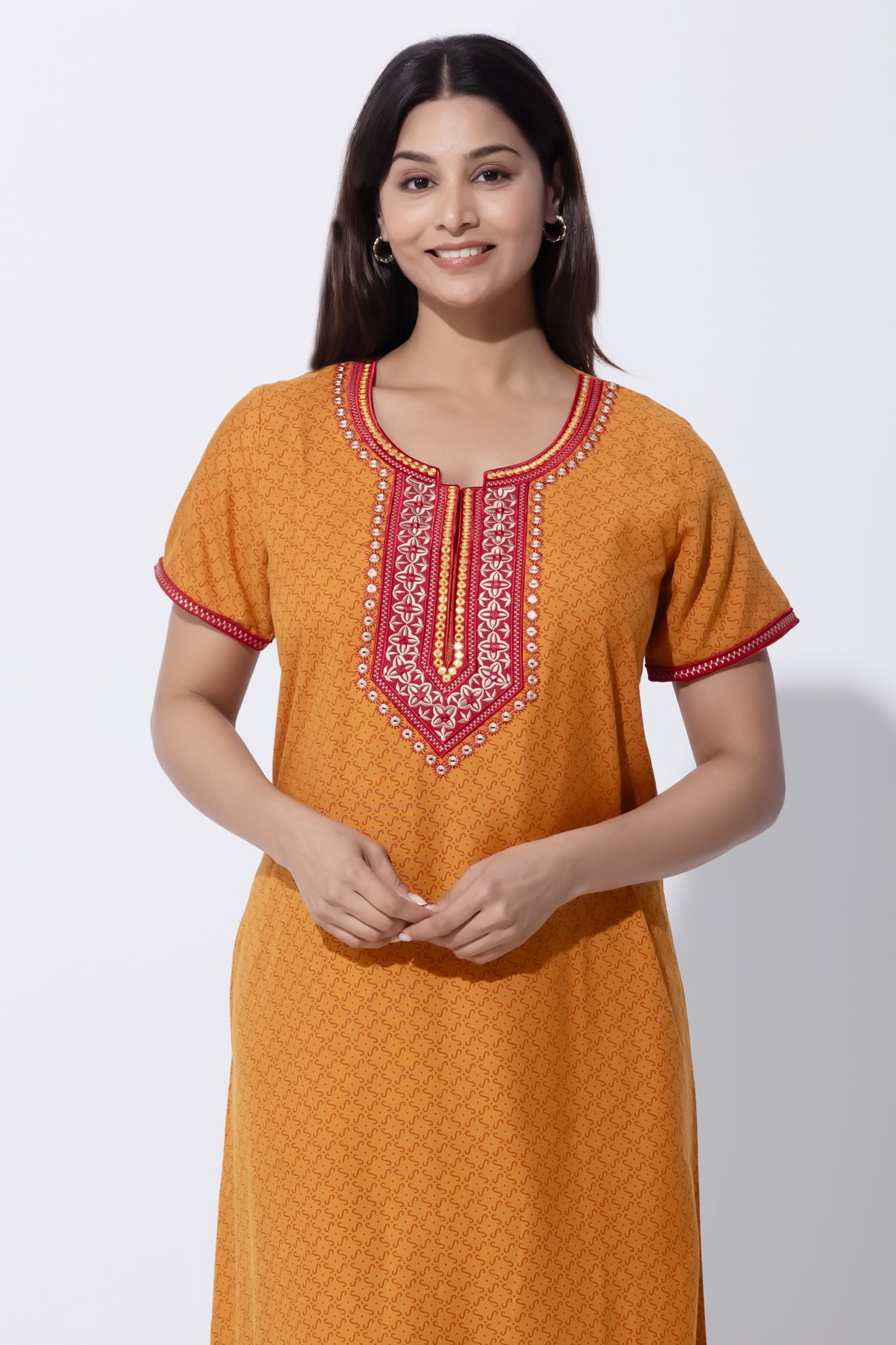 Dark Mustard Printed Nighty with Embroidery Detailing with Foil Mirror Work