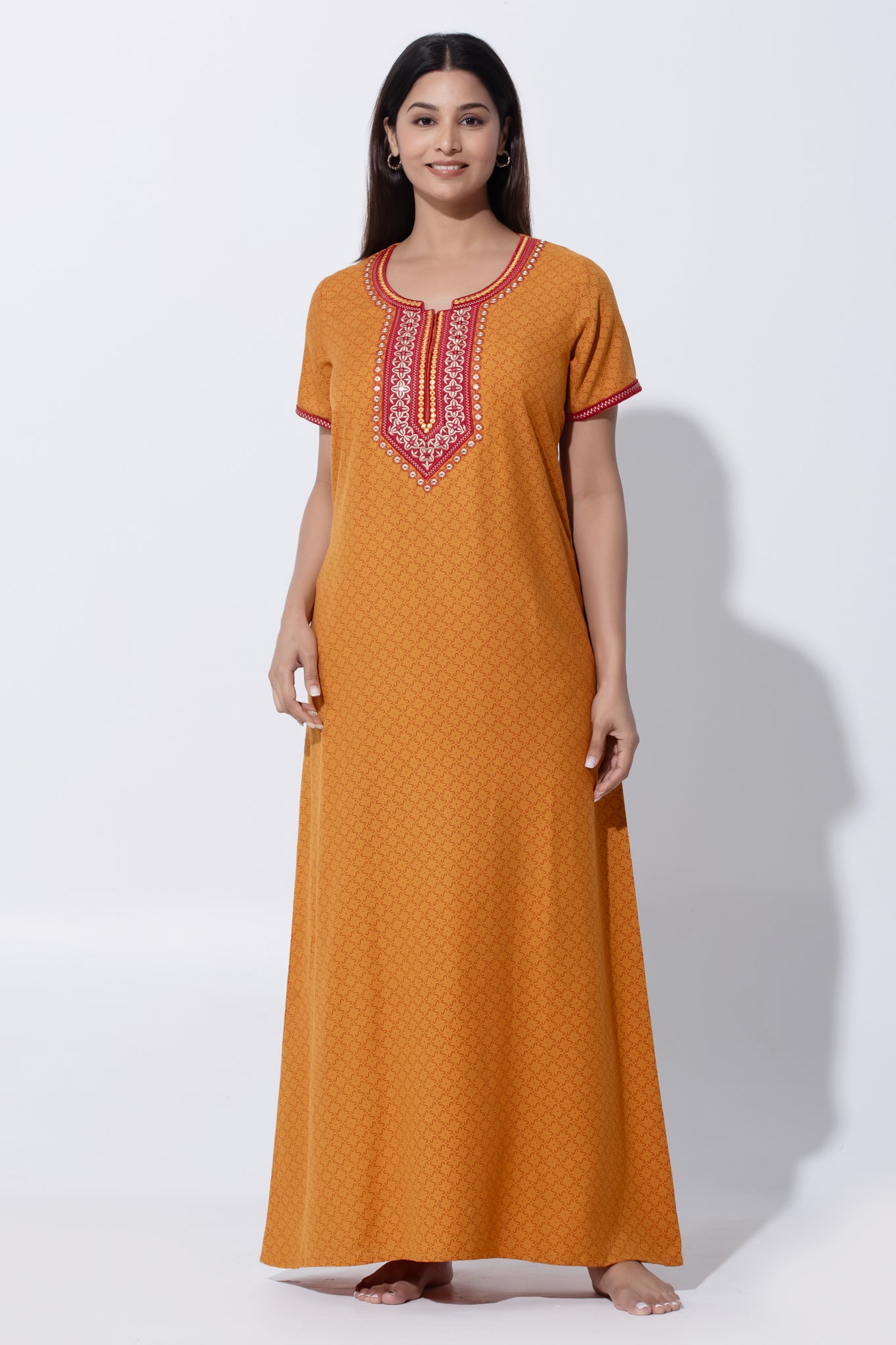 Dark Mustard Printed Nighty with Embroidery Detailing with Foil Mirror Work