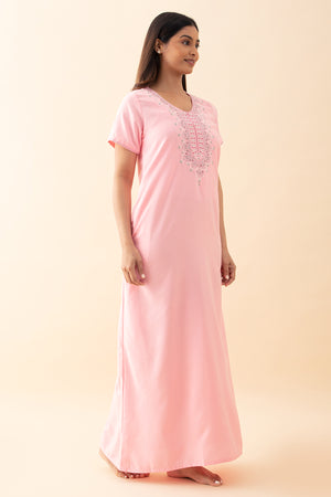 Ditsy Floral Embroidered Nighty - Pink