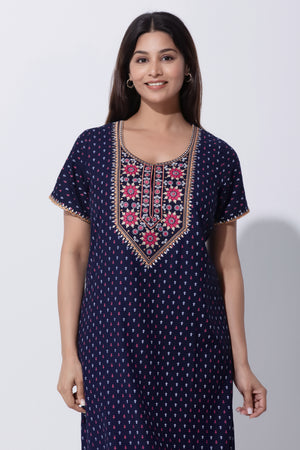 Blue Printed Nighty with Embroidery Detailing with Foil Mirror Work