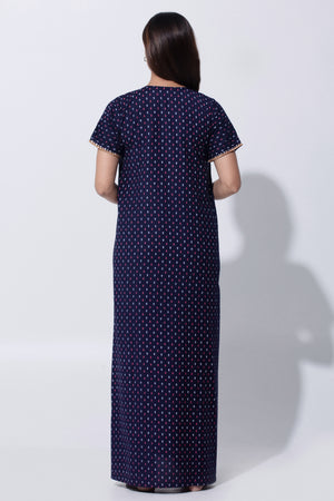 Blue Printed Nighty with Embroidery Detailing with Foil Mirror Work