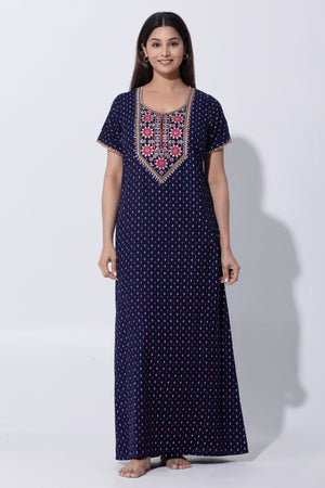 Blue Printed Nighty with Embroidery Detailing with Foil Mirror Work