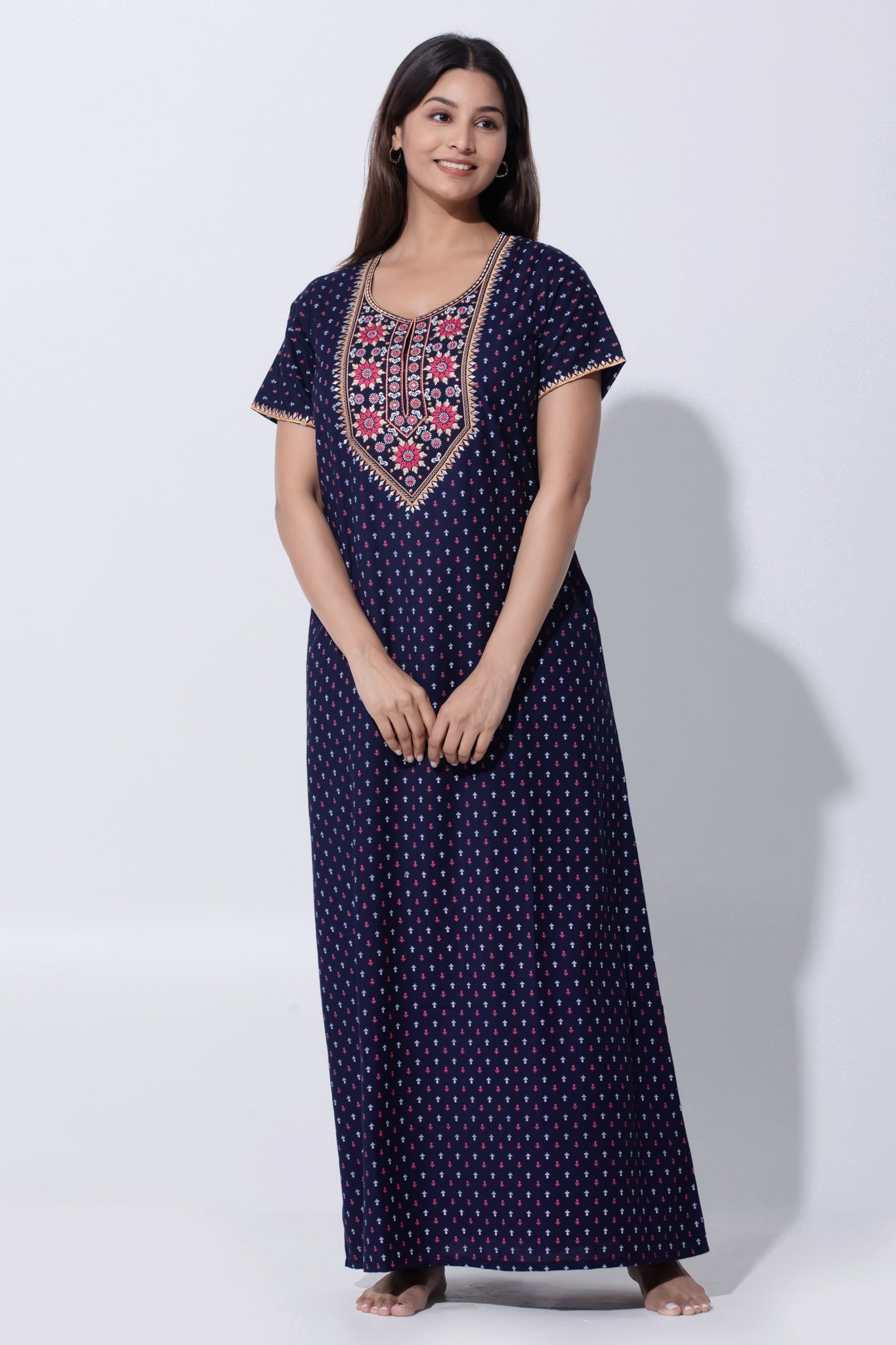 Blue Printed Nighty with Embroidery Detailing with Foil Mirror Work