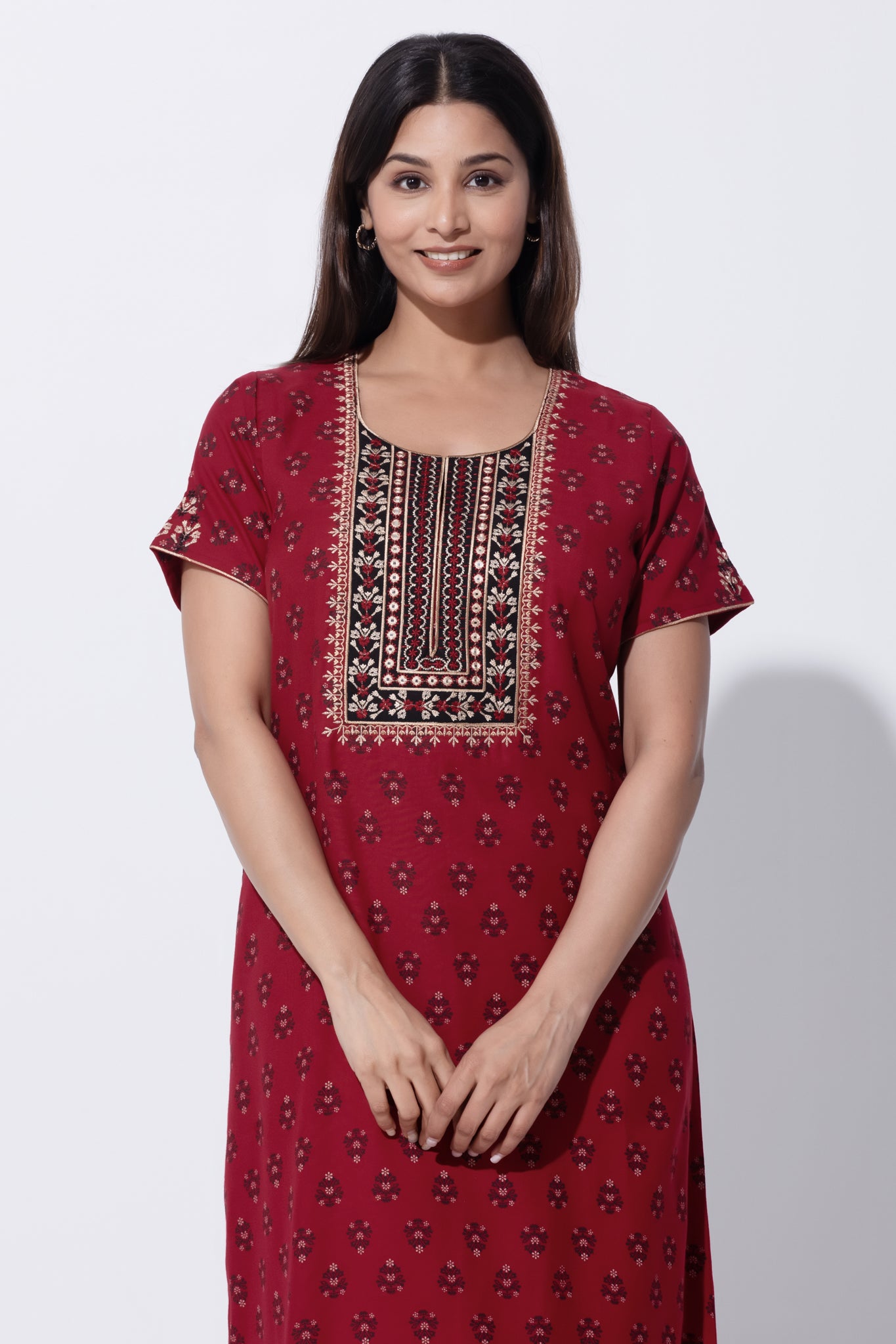 Maroon Floral Printed Polycotton Nightwear with Embroidery