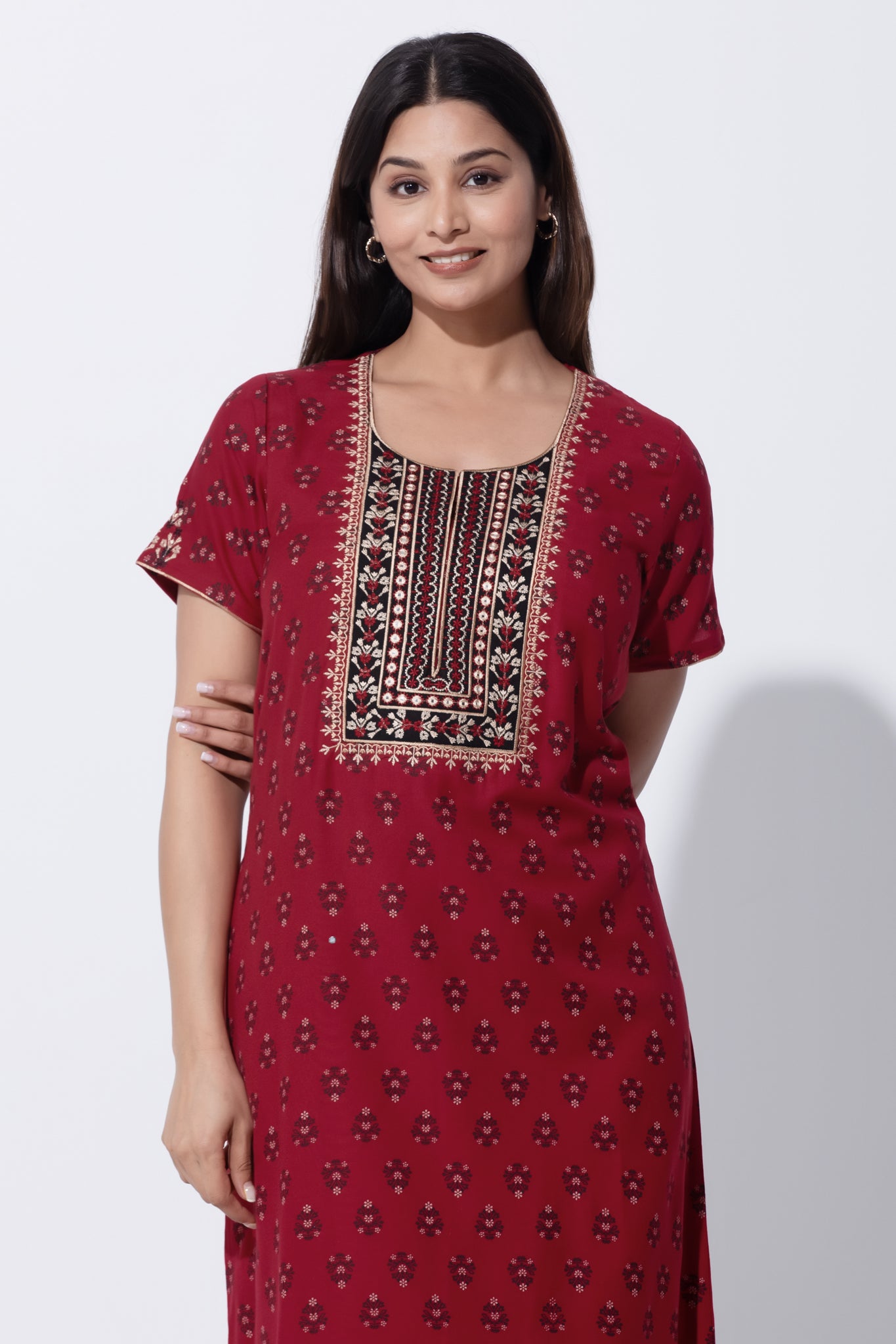 Maroon Floral Printed Polycotton Nightwear with Embroidery