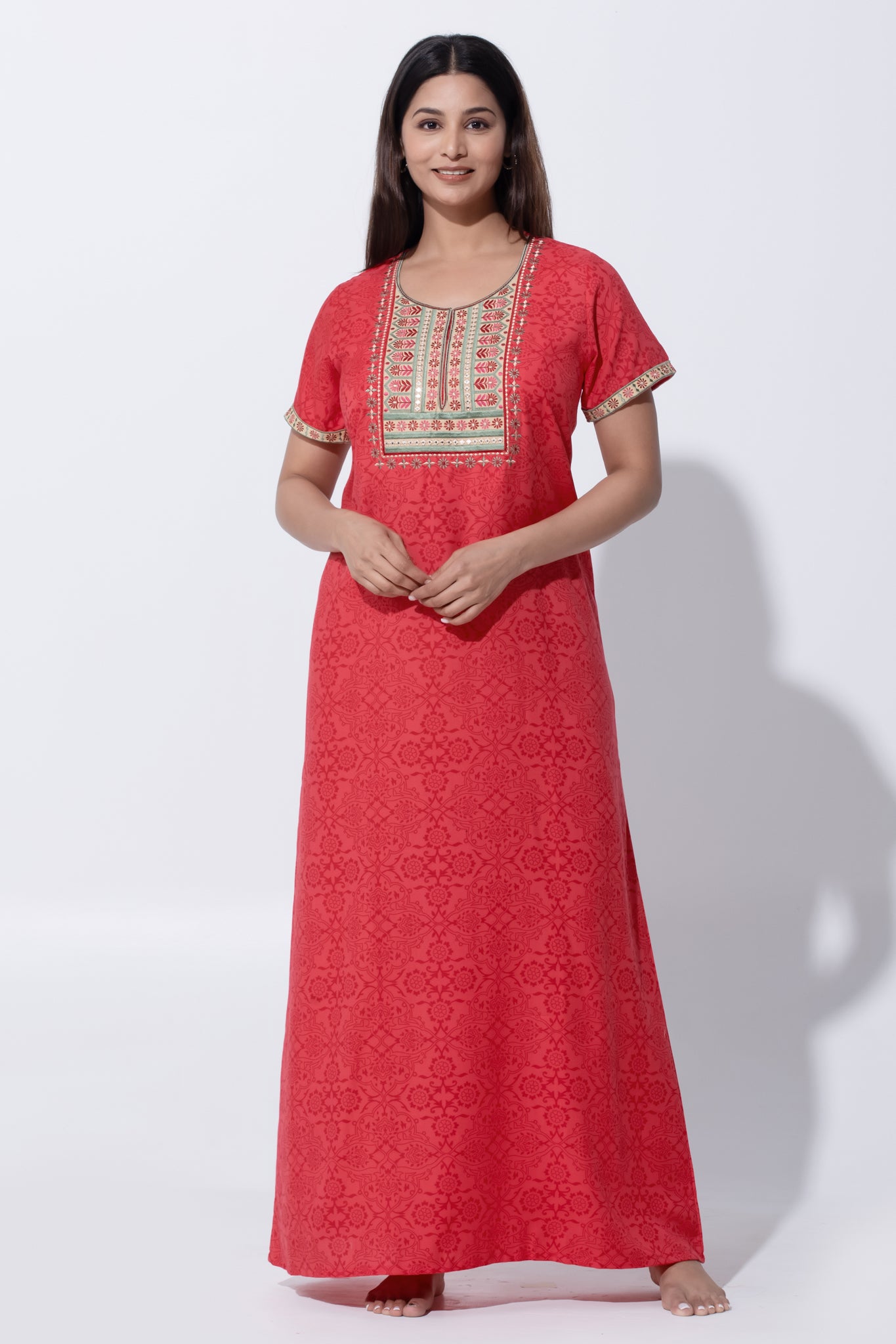 Amaranth Red Floral Printed Polycotton Nightwear