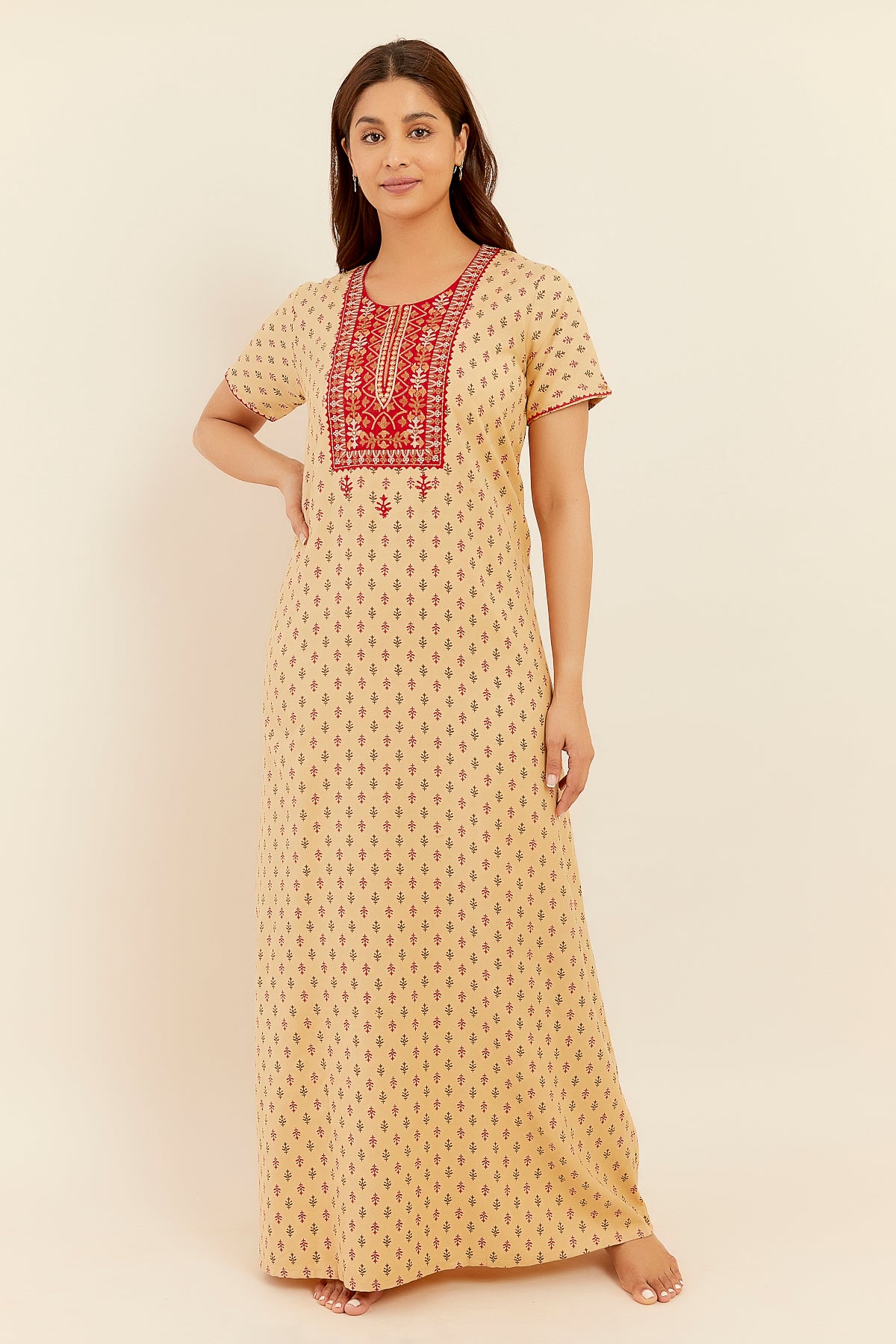 Floral Embroidered With Mirror Embellished Yoke With Printed Nighty Mustard
