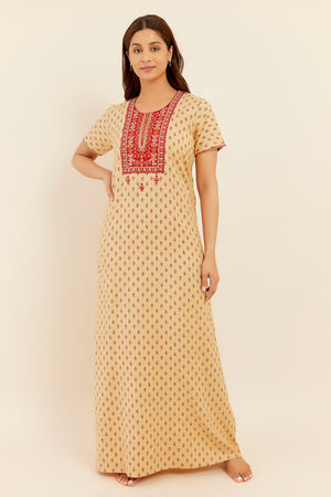 Floral Embroidered With Mirror Embellished Yoke With Printed Nighty Mustard