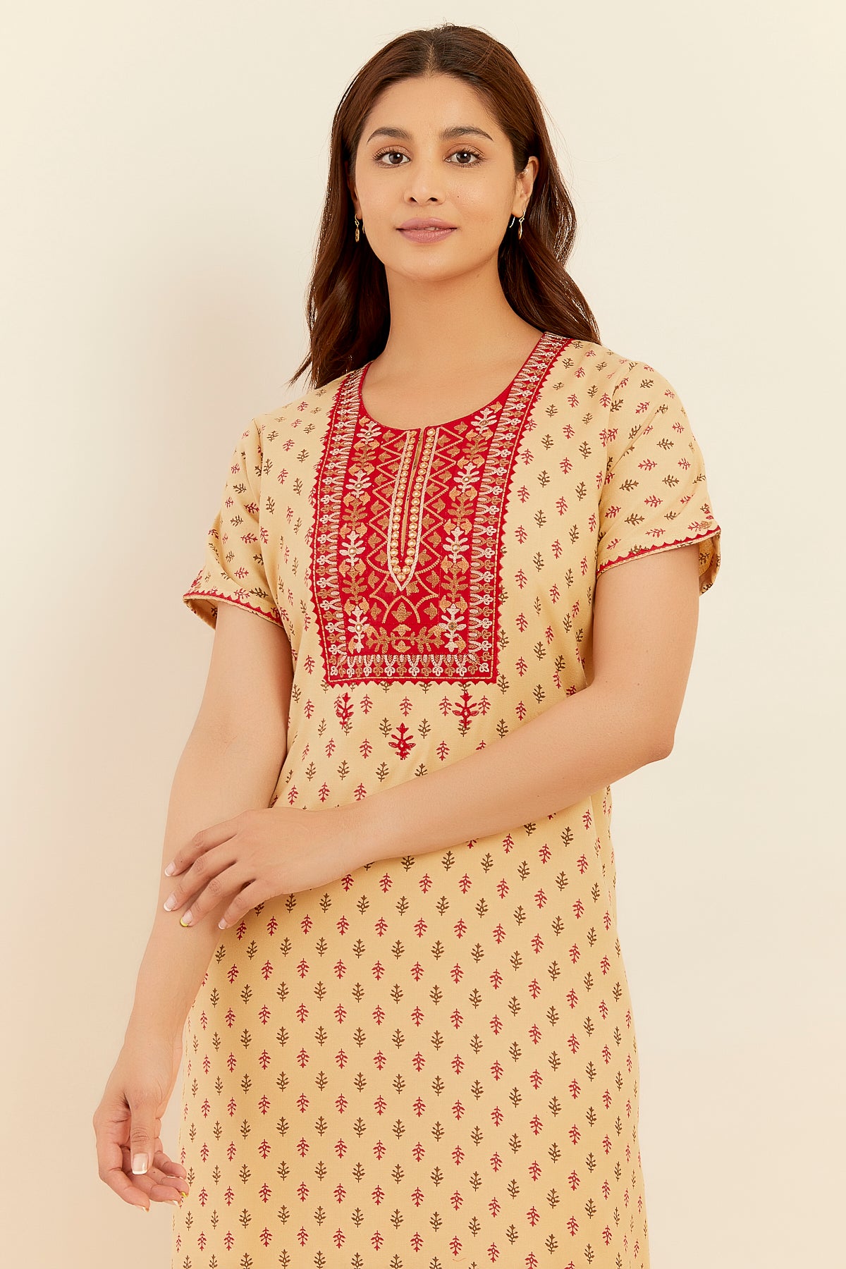 Floral Embroidered With Mirror Embellished Yoke With Printed Nighty Mustard