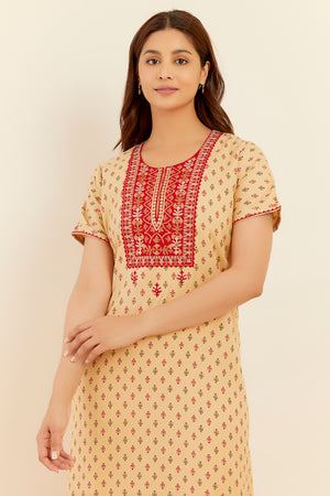 Floral Embroidered With Mirror Embellished Yoke With Printed Nighty Mustard