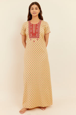 Floral Embroidered With Mirror Embellished Yoke With Printed Nighty Mustard