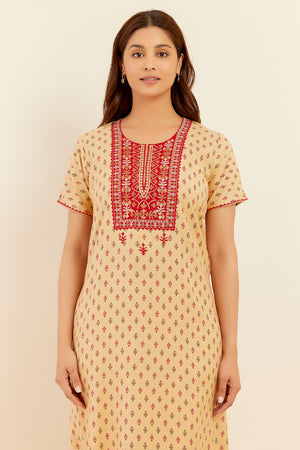 Floral Embroidered With Mirror Embellished Yoke With Printed Nighty Mustard