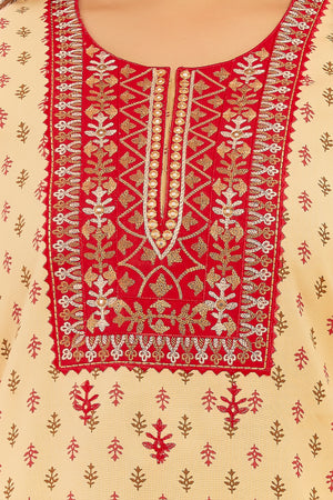 Floral Embroidered With Mirror Embellished Yoke With Printed Nighty Mustard