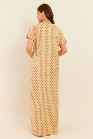 Floral Embroidered With Mirror Embellished Yoke With Printed Nighty Mustard