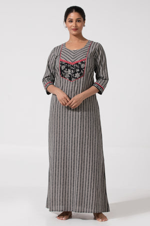Printed Cotton Nightwear with Floral Yoke & 3/4th sleeves-Gray