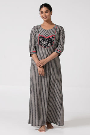 Printed Cotton Nightwear with Floral Yoke & 3/4th sleeves-Gray