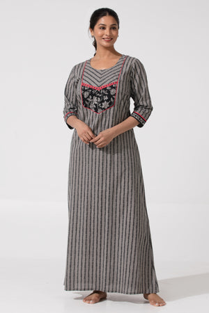 Printed Cotton Nightwear with Floral Yoke & 3/4th sleeves-Gray