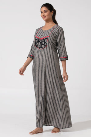Printed Cotton Nightwear with Floral Yoke & 3/4th sleeves-Gray