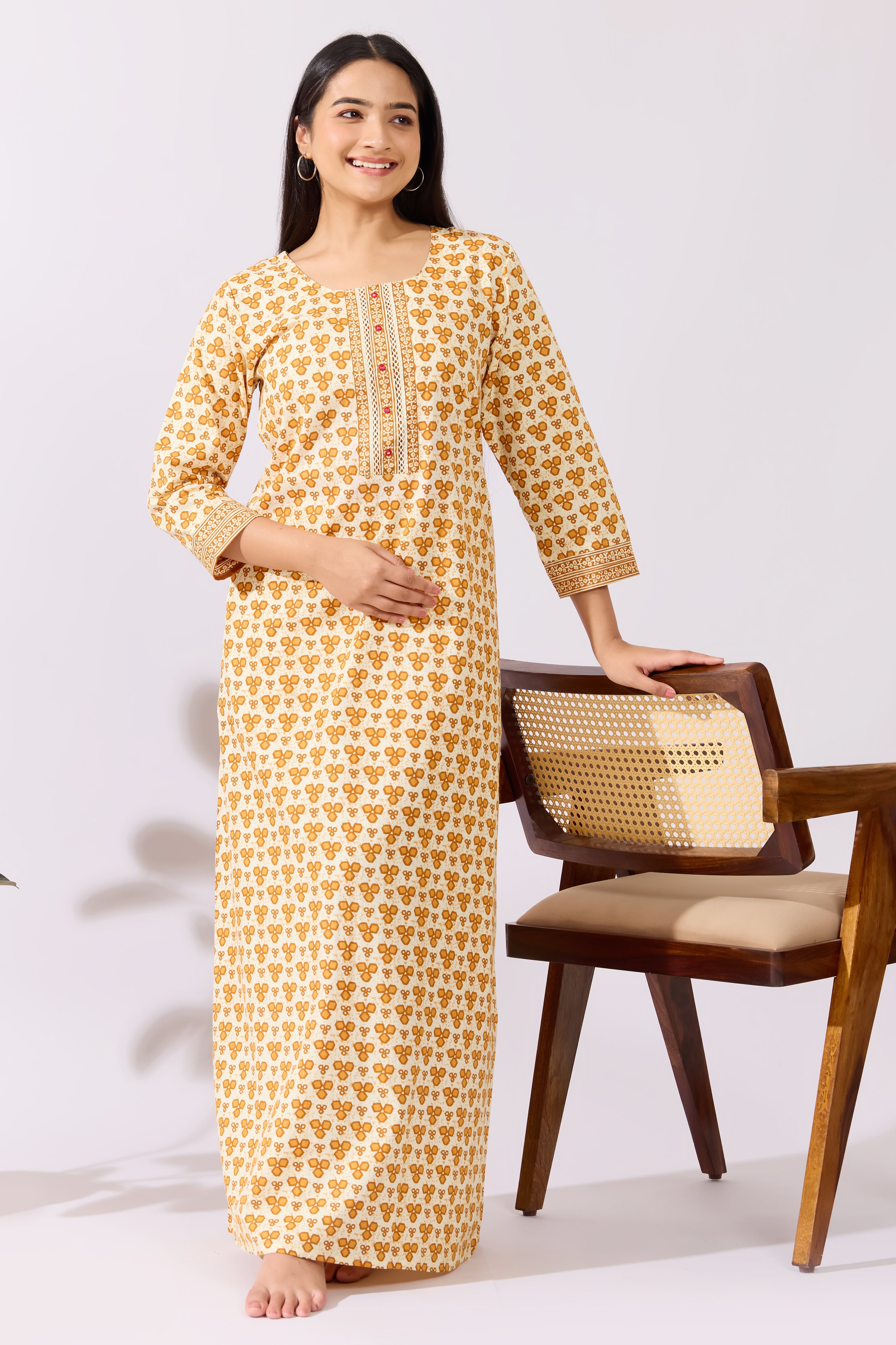 Geometry Printed Cotton Nighty with Lace Embellished Yoke